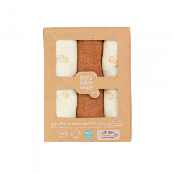 Lot de 3 langes 70 x70 cm Trois kilos sept