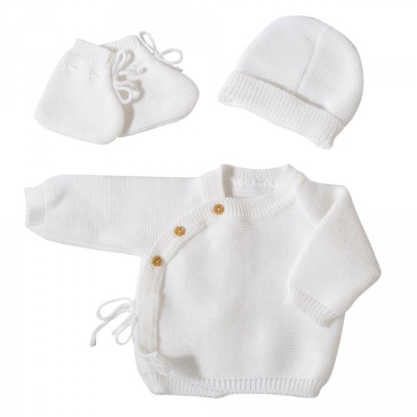 Ensemble naissance bébé brassière, bonnet et chaussons - blanc Trois kilos sept