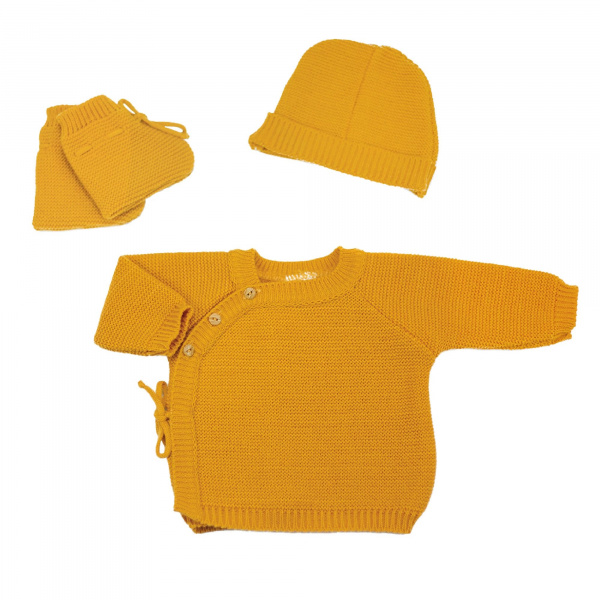 Ensemble naissance bébé brassière, bonnet et chaussons - moutarde Trois kilos sept