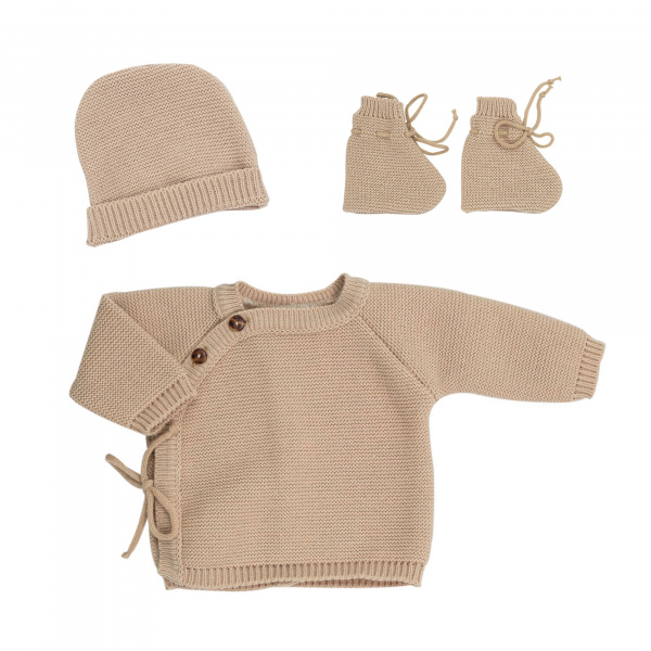 Ensemble naissance bébé brassière, bonnet et chaussons - caramel Trois kilos sept