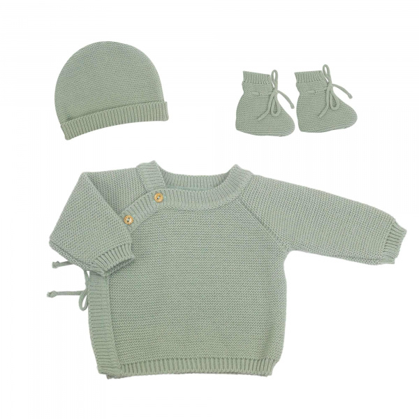 Ensemble naissance bébé brassière, bonnet et chaussons - vert olive Trois kilos sept