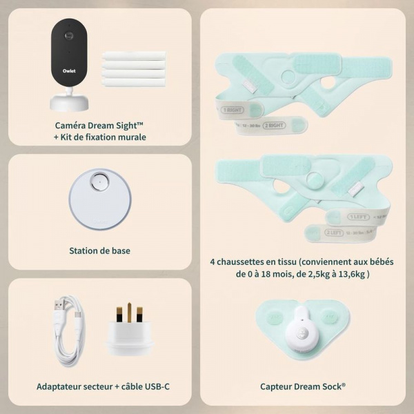 Pack chaussette connectée dream sock menthe + caméra bébé dream sight Owlet