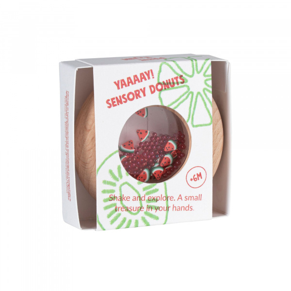 Hochet sensoriel bébé donut en bois pastèques Petit boum