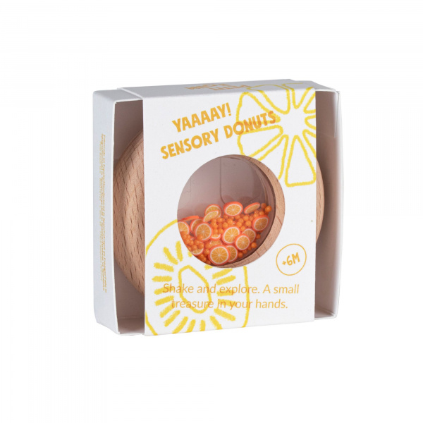 Hochet sensoriel bébé donut en bois oranges Petit boum