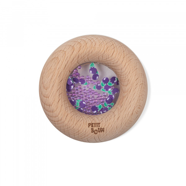 Hochet sensoriel bébé donut en bois aubergines Petit boum