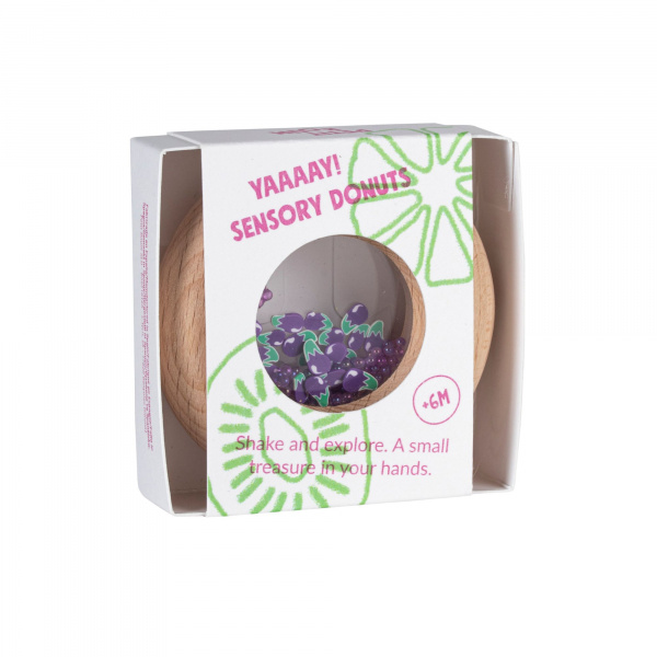 Hochet sensoriel bébé donut en bois aubergines Petit boum