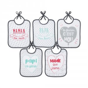 Lot de 5 bavoirs naissance message famille Babycalin