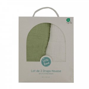Lot de 2 draps housse double gaze 70 x 140 cm - ecru / vert mousse Little band