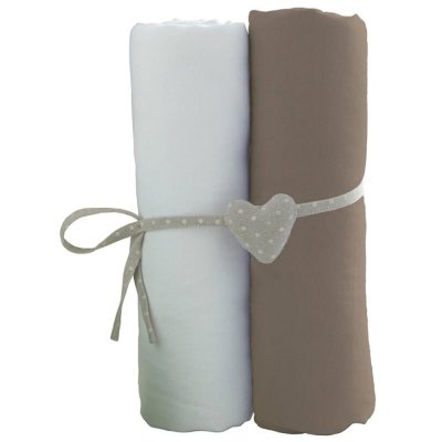 Lot de 2 draps housse blanc / taupe 70 x 140 cm
