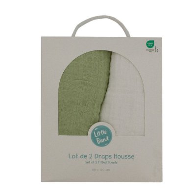 Lot de 2 draps housse double gaze 70 x 140 cm - ecru / vert mousse