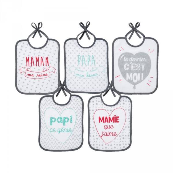 Lot de 5 bavoirs naissance message famille Babycalin