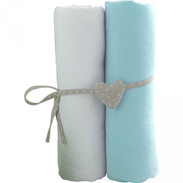 Lot de 2 draps housse blanc / turquoise 70 x 140 cm Babycalin