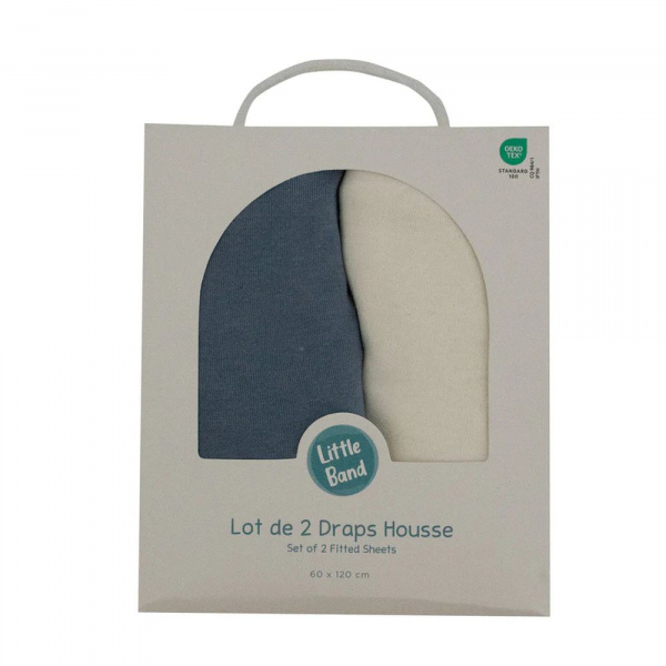 Lot de 2 draps housse jersey bio 60 x 120 cm - ecru / bleu Little band