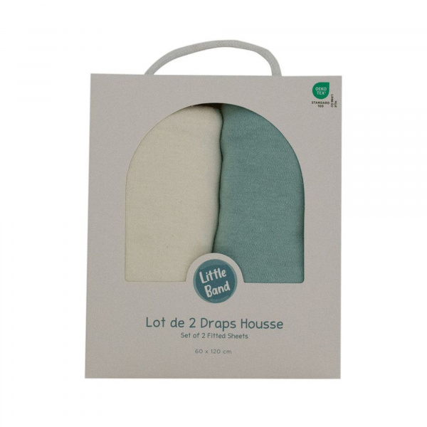 Lot de 2 draps housse jersey bio 70 x 140 cm - ecru / bleu vert Little band
