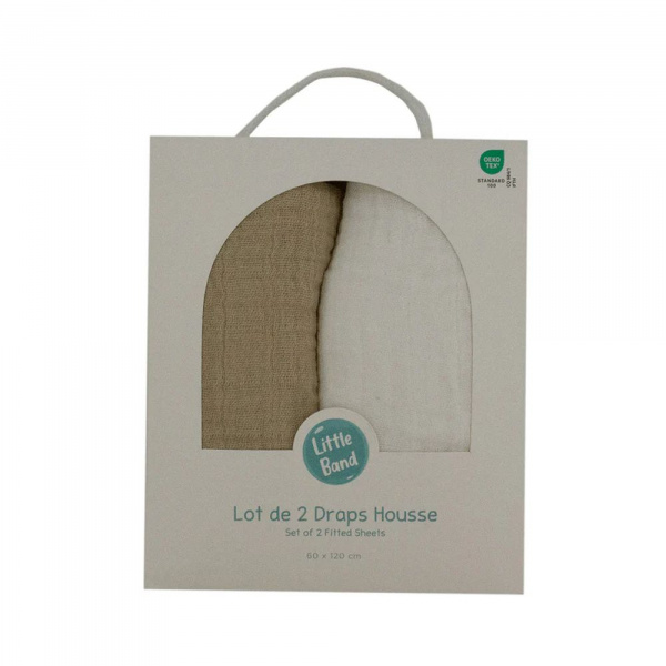 Lot de 2 draps housse double gaze 70 x 140 cm - ecru / taupe Little band