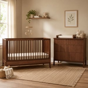 Chambre duo lit bébé 70x140cm ashi chataignier+commode 3 tiroirs ashi chataignier avec plan à langer Quax