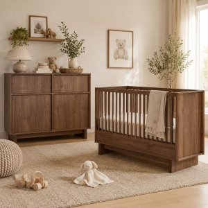 Chambre duo kyo lit bébé évolutif 70 x 120 cm + commode avec plan à langer - walnut Quax