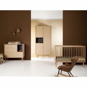 Chambre trio lit bébé 60x120 cm + armoire xl + commode avec plan à langer cocoon latte Quax