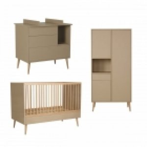 Chambre trio lit bébé 70x140 cm évolutif en lit enfant + armoire + commode avec plan à langer cocoon latte Quax