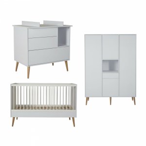 Chambre trio lit bébé 70x140 cm évolutif en lit enfant + armoire xl + commode avec plan à langer cocoon ice white Quax