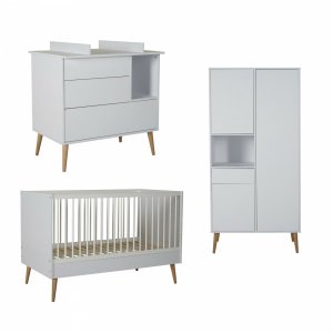 Chambre trio lit bébé 70x140 cm évolutif en lit enfant + armoire + commode avec plan à langer cocoon ice white Quax