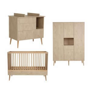 Chambre trio lit bébé 70x140 cm évolutif en lit enfant + armoire xl + commode avec plan à langer cocoon natural oak Quax