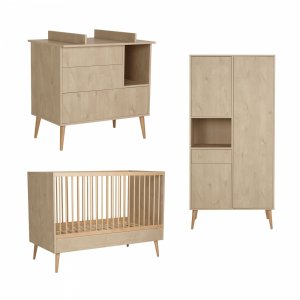 Chambre trio lit bébé 70x140 cm évolutif en lit enfant + armoire + commode avec plan à langer cocoon natural oak Quax