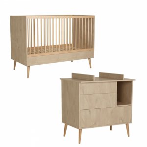 Chambre duo lit bébé 70x140 cm évolutif en lit enfant + commode avec plan à langer cocoon natural oak Quax
