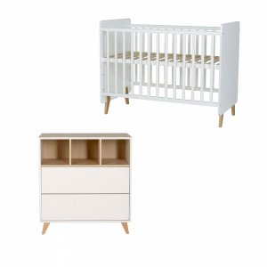 Chambre duo lit bébé 60x120 cm + commode avec plan à langer loft white Quax