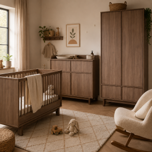 Chambre trio kyo lit bébé évolutif 70 x 140 cm + armoire + commode avec plan à langer - walnut Quax