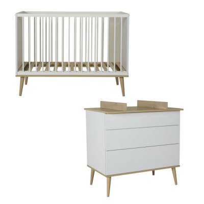 Chambre duo lit bébé 60x120 cm + commode avec plan à langer flow white & oak