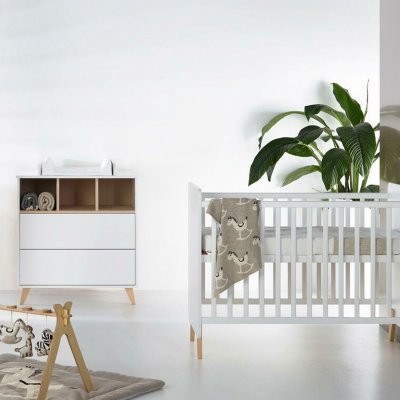 Chambre duo lit bébé 70x140 cm évolutif en lit enfant + commode avec plan à langer loft white