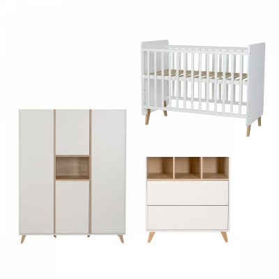 Chambre trio lit bébé 60x120 cm évolutif en lit junior + armoire xl + commode avec plan à langer loft