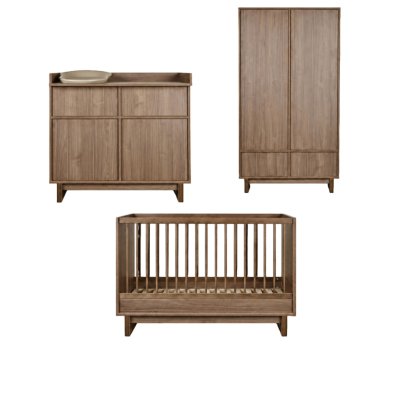 Chambre trio kyo lit bébé évolutif 70 x 120 cm + armoire + commode avec plan à langer - walnut