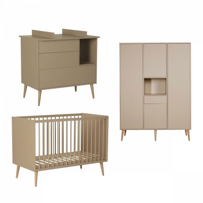 Chambre trio lit bébé 60x120 cm + armoire xl + commode avec plan à langer cocoon latte
