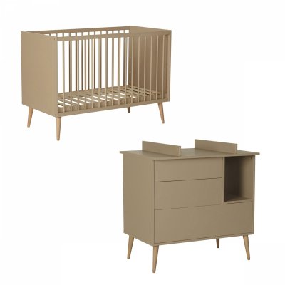 Chambre duo lit bébé 60x120 cm + commode avec plan à langer cocoon latte
