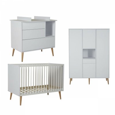 Chambre trio lit bébé 60x120 cm + armoire xl + commode avec plan à langer cocoon ice white