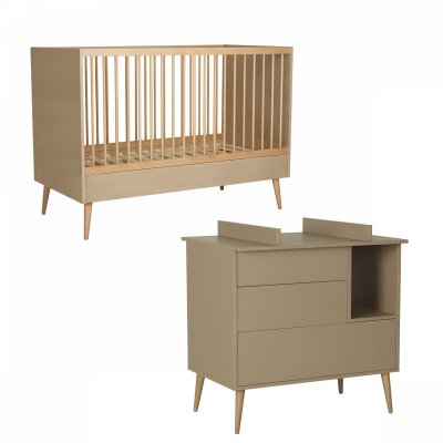 Chambre duo lit bébé 70x140 cm évolutif en lit enfant + commode avec plan à langer cocoon latte
