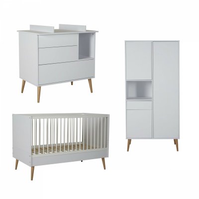 Chambre trio lit bébé 70x140 cm évolutif en lit enfant + armoire + commode avec plan à langer cocoon ice white