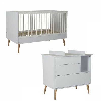 Chambre duo lit bébé 70x140 cm évolutif en lit enfant + commode avec plan à langer cocoon ice white