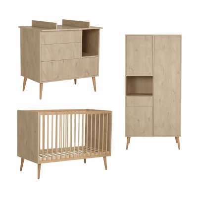 Chambre trio lit bébé 60x120 cm + armoire + commode avec plan à langer cocoon natural oak