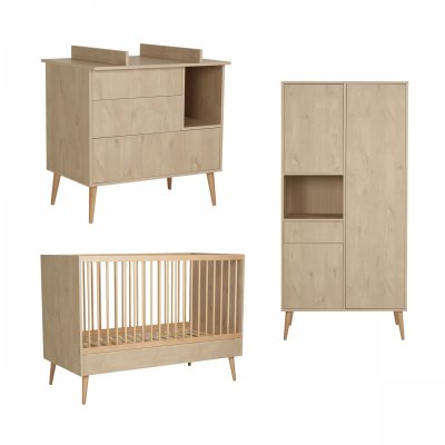 Chambre trio lit bébé 70x140 cm évolutif en lit enfant + armoire + commode avec plan à langer cocoon natural oak