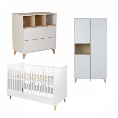 Chambre trio lit bébé 70x140 cm évolutif en lit enfant + armoire + commode avec plan à langer loft white