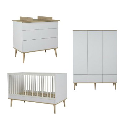 Chambre trio lit bébé 70x140 cm évolutif en lit enfant + armoire xl + commode avec plan à langer flow white & oak