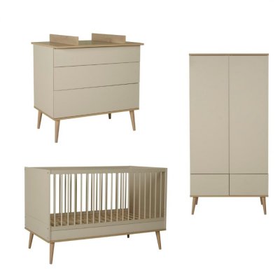 Chambre trio lit bébé 70x140 cm évolutif en lit enfant + armoire + commode avec plan à langer flow argile & oak