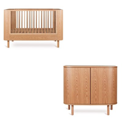 Chambre duo lit bébé 70x140 cm évolutif en canapé yume natural ash + commode 2 portes yume naturel ash wood avec plan à langer