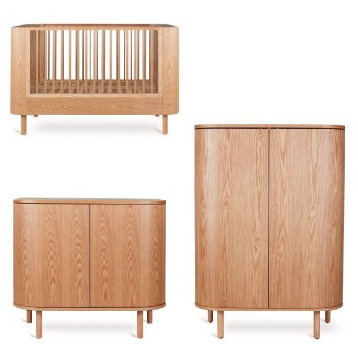 Chambre trio lit bébé 70x140 cm évolutif en canapé yume natural ash + commode 2 portes yume naturel ash wood avec plan à langer+ armoire 2 portes yume