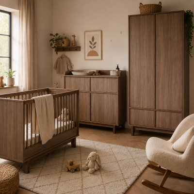 Chambre trio kyo lit bébé évolutif 70 x 140 cm + armoire + commode avec plan à langer - walnut