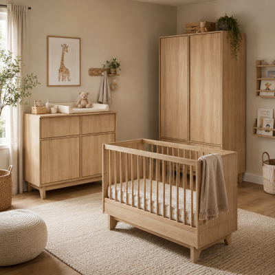 Chambre trio kyo lit bébé évolutif 70 x 140 cm + armoire + commode avec plan à langer - honey ash