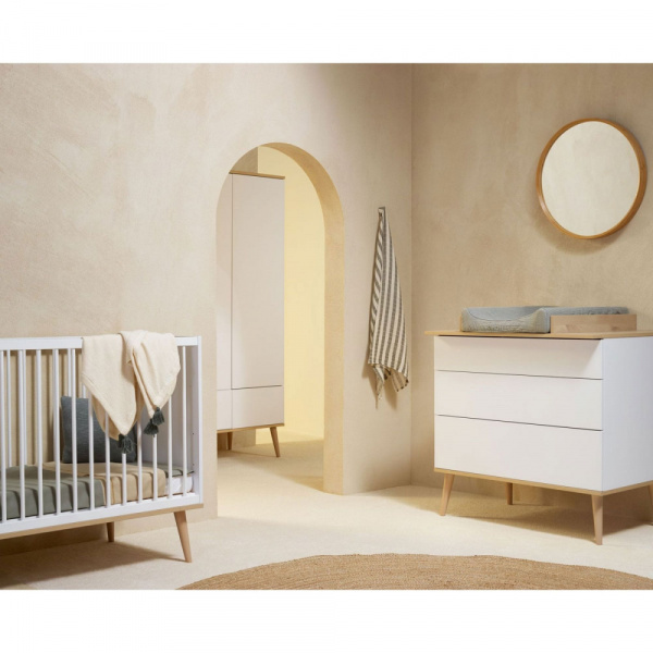 Chambre duo lit bébé 60x120 cm + commode avec plan à langer flow white & oak Quax